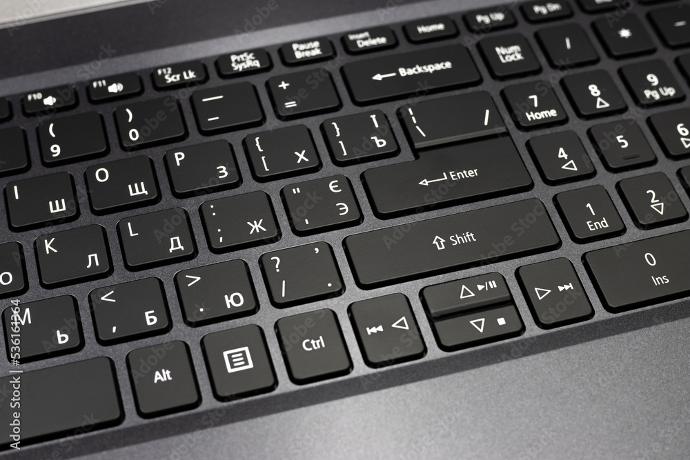 Black laptop keyboard. Buttons on laptop Black laptop keyboard. Buttons on laptop