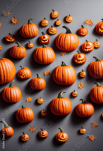 Pumpkins lying on surface  gray background  orange pumpkins for Halloween celebration 