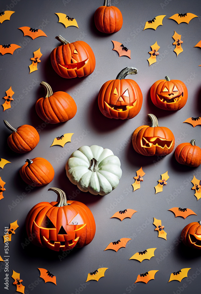 Pumpkins lying on the surface, gray background. Orange and white Halloween pumpkins with carved faces, yellow bats
