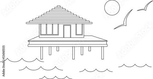 Bungalow on wooden stilts. Tropical bungalows on the water. A place for secluded relaxation. Line vector illustration.