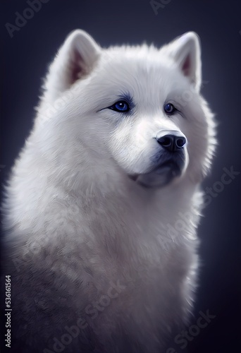 Photorealistic painted portrait of the white dog, AI generated, is not based on any real image or character