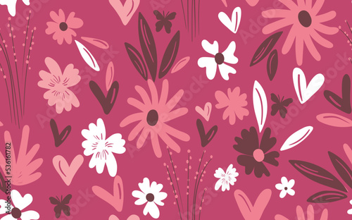 Seamless floral pattern based on traditional folk art ornaments. Colorful flowers on color background. Scandinavian style. Sweden nordic style. Vector illustration. Simple minimalistic pattern