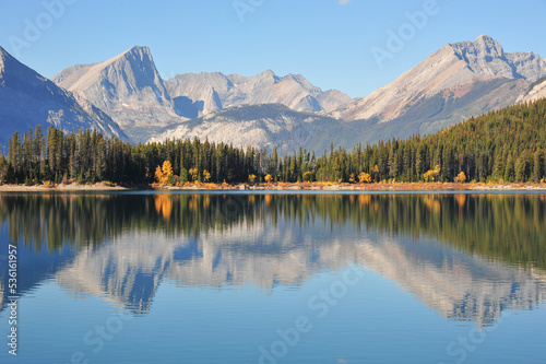 splash of autumn color refection on lake in the mountains