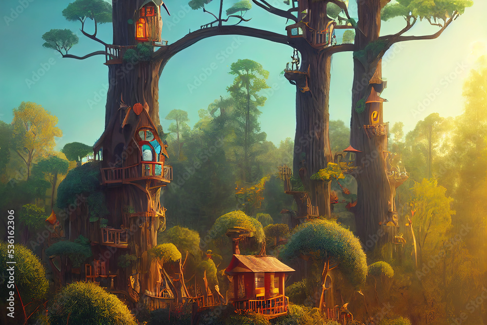 Puppet fairy world treehouses in an enchanted, magical forest. Wallpaper  book cover illustration featuring little fantasy cottages in the middle of  green woods. Dreamlike background digital art . Stock Illustration | Adobe  Stock