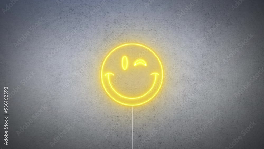 Smiley face with wink, emoticon, happy face or emoji neon real sign on