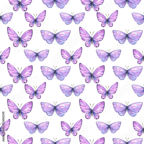 Seamless pattern with abstract, stylized lilac butterflies on a white background. Watercolor illustration from a large set of LAVENDER SPA. For fabric, background, wallpaper. © NATASHA-CHU