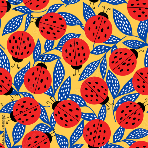 Cute pattern with ladybugs and blue leaves on a white background.