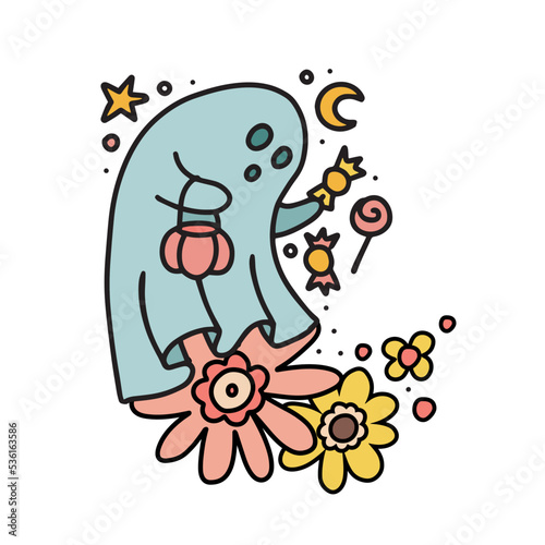 Halloween boo Retro t-shirt design. The spook is surprised by the sudden appearance of flowers. Retro doodle style hand drawn vector illustration.