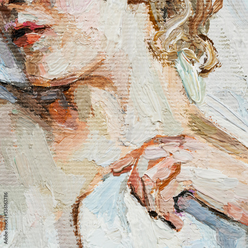 Gentle attractive nude female body lies on white cotton fabrics. The picture is made in oil.