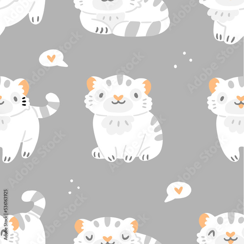 Children's seamless pattern with cute white tiger cubs on a gray background. Illustration background in pastel colors.