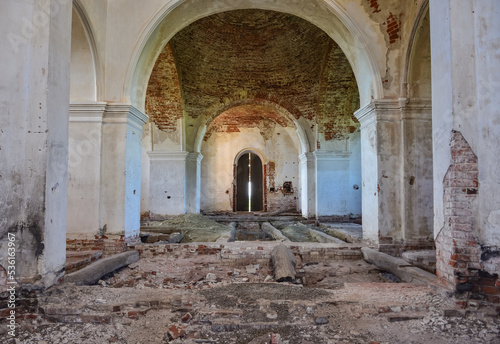 interior interior of an abandoned red brick building, abandoned church