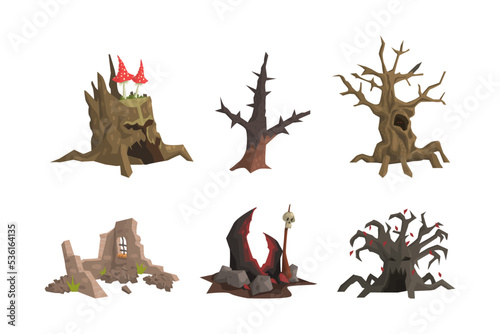 Spooky Landscape Elements with Scary Stump with Mushrooms, Dry Bare Tree, Ruins and Rock Vector Set
