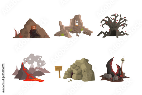 Spooky Landscape Elements with Scary Cave, Volcano with Lava, Dry Bare Tree, Ruins and Rock Vector Set
