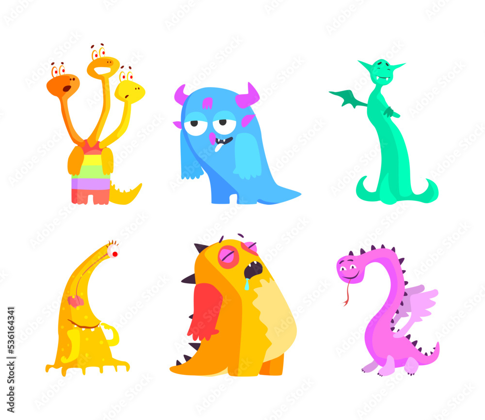 Cartoon Monsters with Horns and Wings Having Smiling and Friendly Snout Vector Set Cartoon Monsters with Horns and Wings Having Smiling and Friendly Snout Vector Set