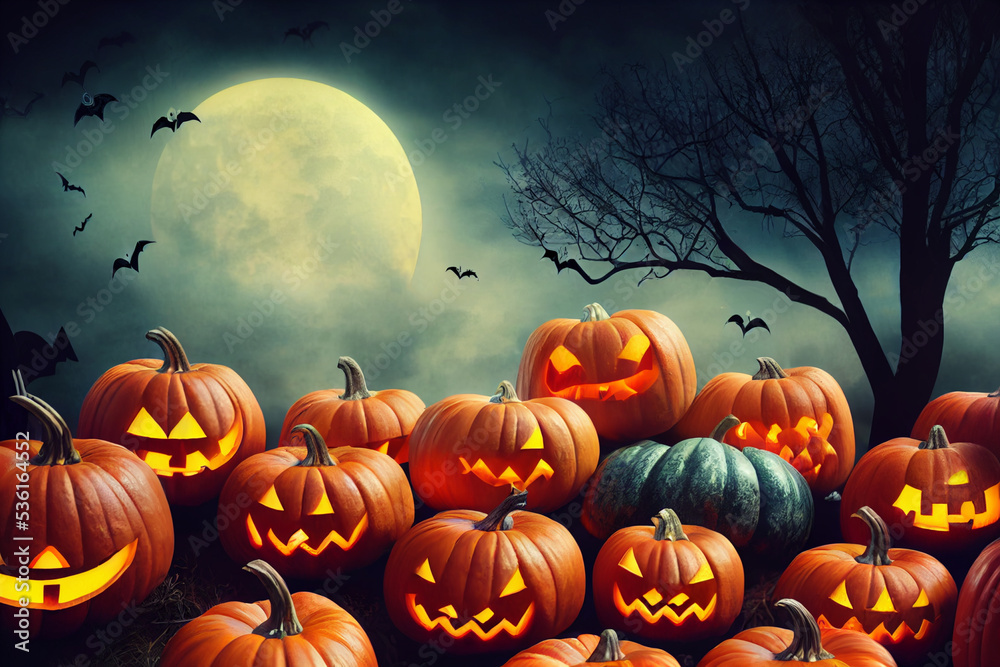 Mysterious Halloween pumpkins background fog, tree, orange pumpkins with cut out faces
Mysterious Halloween pumpkins background fog, tree, orange pumpkins with cut out faces
