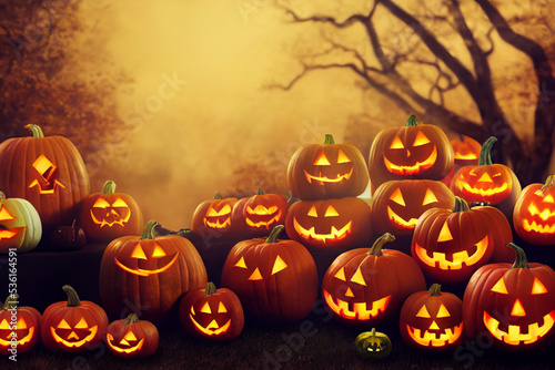 Orange Halloween pumpkins with carved faces and glow. Pumpkins for the holiday
