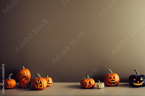 Pumpkins lying on a surface for Halloween. Spooky carved faces.
