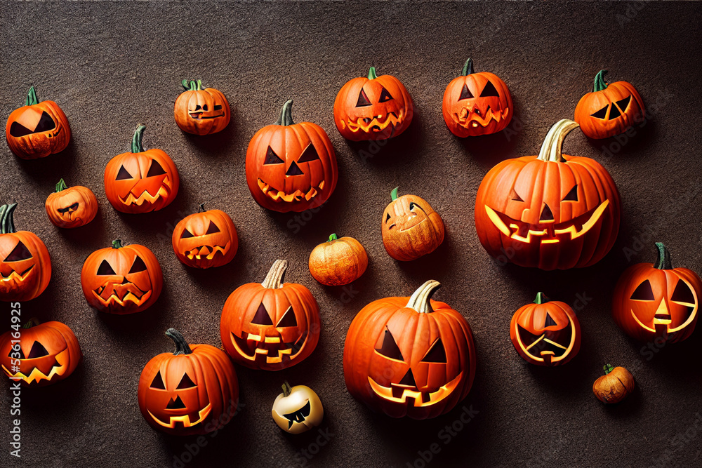 Pumpkins with faces for Halloween holiday, orange lantern pumpkins on dark background.
