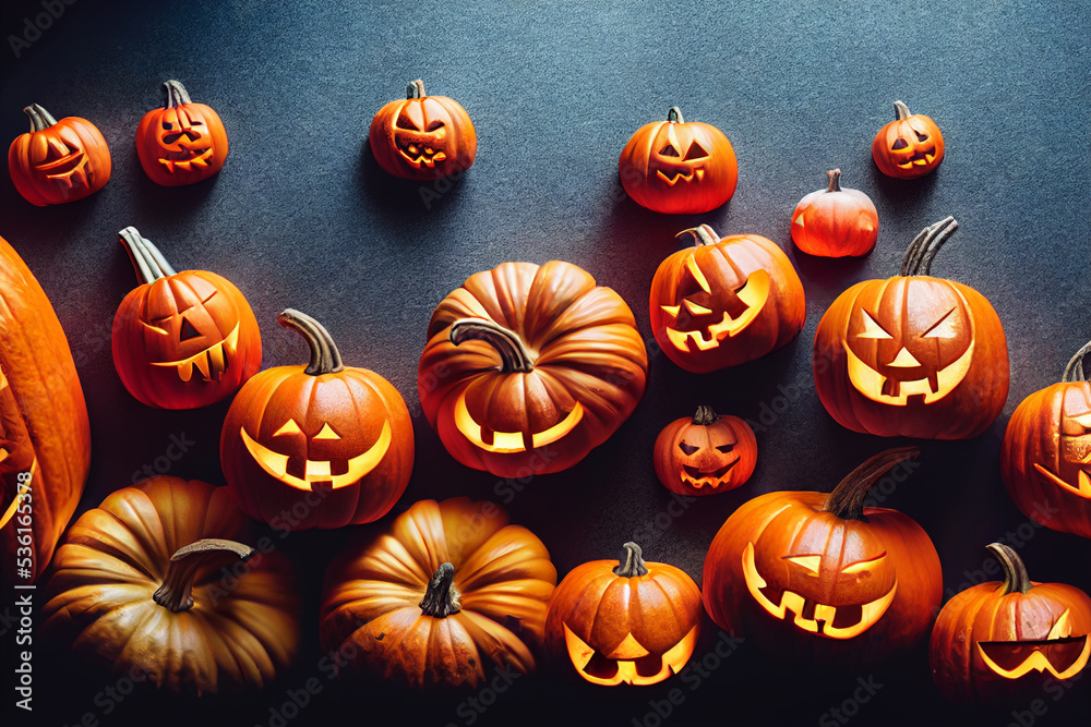 Pumpkins with carved faces on a gray background.Halloween holiday and orange pumpkins with glow
Pumpkins with carved faces on a gray background.Halloween holiday and orange pumpkins with glow