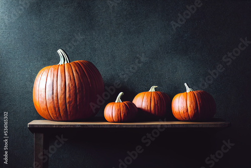 Orange pumpkins lying on a bench, Halloween holiday. Pumpkins on blue wall backdrop
