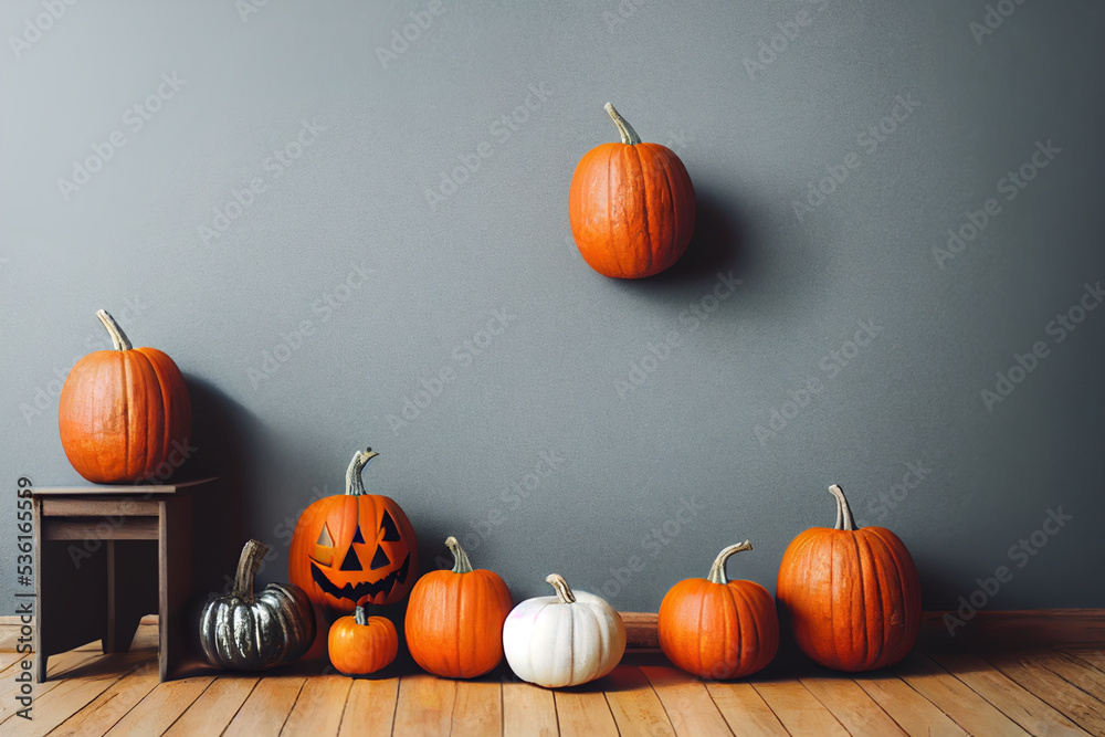 Orange pumpkins on a white wood floor. Natural pumpkins for a Halloween party near a gray wall
