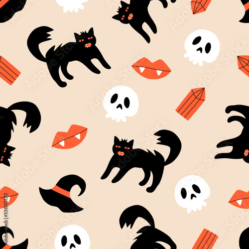 Spooky black cats with red eyes, sculls, vampire lips and red crystals hand drawn vector illustration. Scary seamless pattern for halloween decoration, fabric or wallpaper.