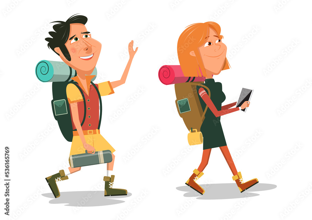 Family hike cartoon colorful PNG illustration with transparent background