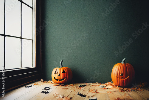 Halloween pumpkins on green background near window, wood floor. Orange pumpkins for Halloween holiday
