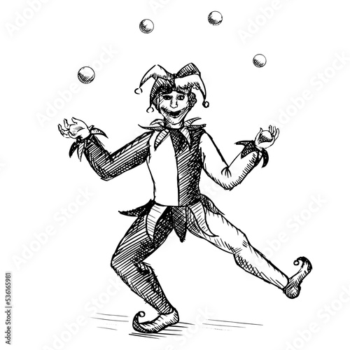 Medieval jester juggling balls sketch style PNG illustration with transparent background