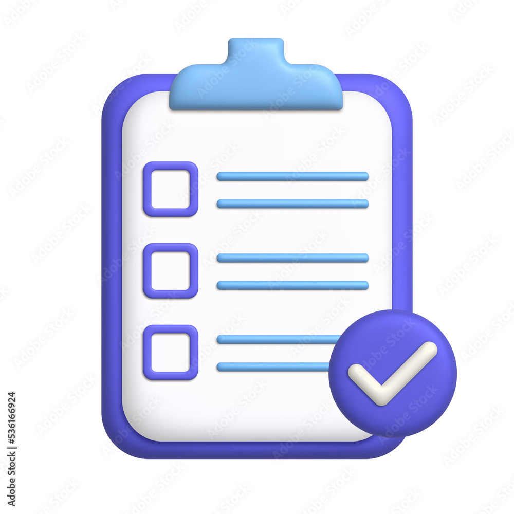 Document 3d icon. Sheet of paper on clipboard. To-do list concept with check mark on round button. 3d realistic design element. Document 3d icon. Sheet of paper on clipboard. To-do list concept with check mark on round button. 3d realistic design element.