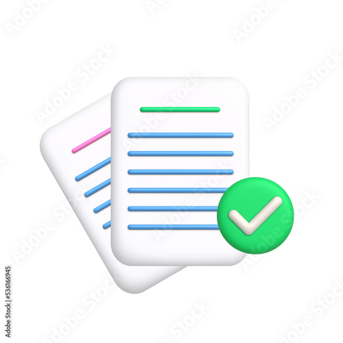 Business documents icon. Sheets of paper and check mark. Approved document concept. 3d realistic design element.