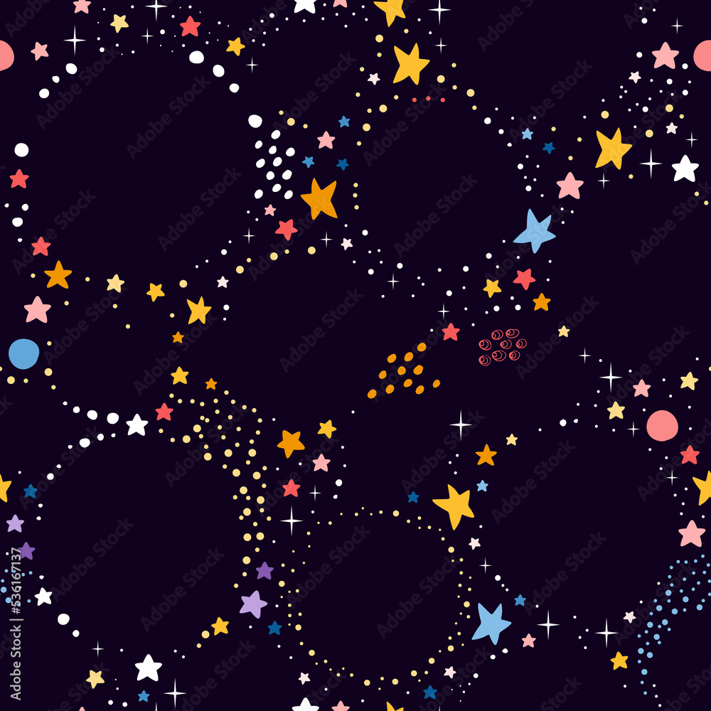 Magic starry night. Seamless vector pattern with stars in space.