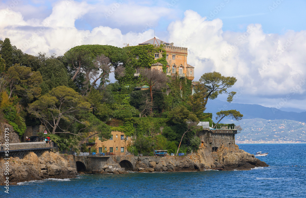 Beautiful natural view of a bay near Portofino and Santa Margherita Ligure, Mediterranean sea, Metropolitan City of Genoa, Italy