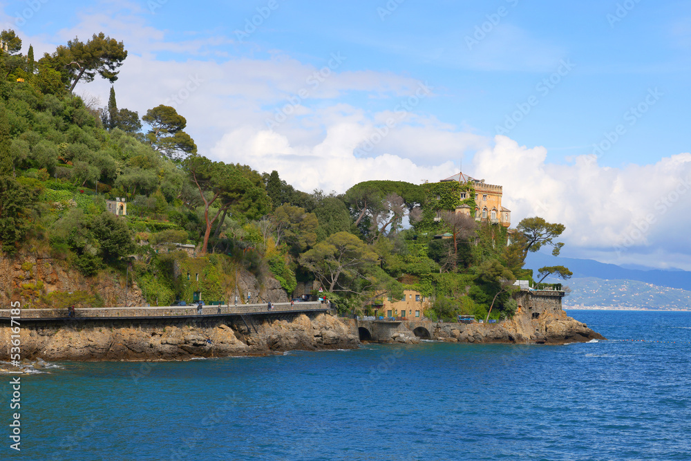 Beautiful natural view of the Mediterranean sea coast near the luxury sea resort Portofino, Metropolitan City of Genoa, Italy, Europe