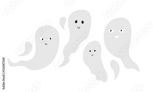 Set of cute ghosts with funny faces. Vector flat illustration on isolated background.