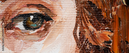 Portrait of a young, dreamy girl with curly brown hair on a mysterious abstract background. Palette knife technique of oil painting and brush.