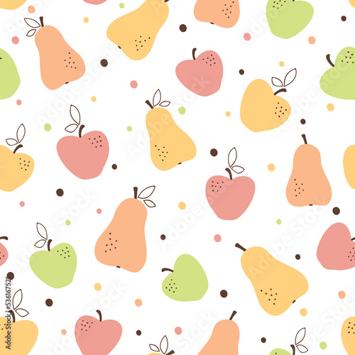 Seamless pattern with pears and apples. Fruit pattern on white background. Vector illustration. 