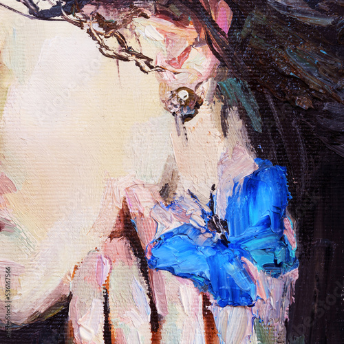 Little girl with blue butterfly on her hand. Palette knife technique of oil painting and brush.