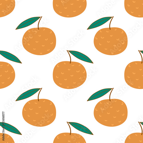 Fresh oranges with green leaves. Fruity seamless pattern in cartoon style.