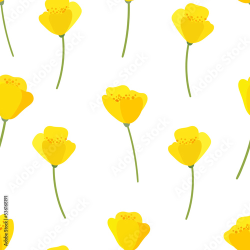 Yellow poppies. Summer floral seamless pattern in cartoon style.  photo