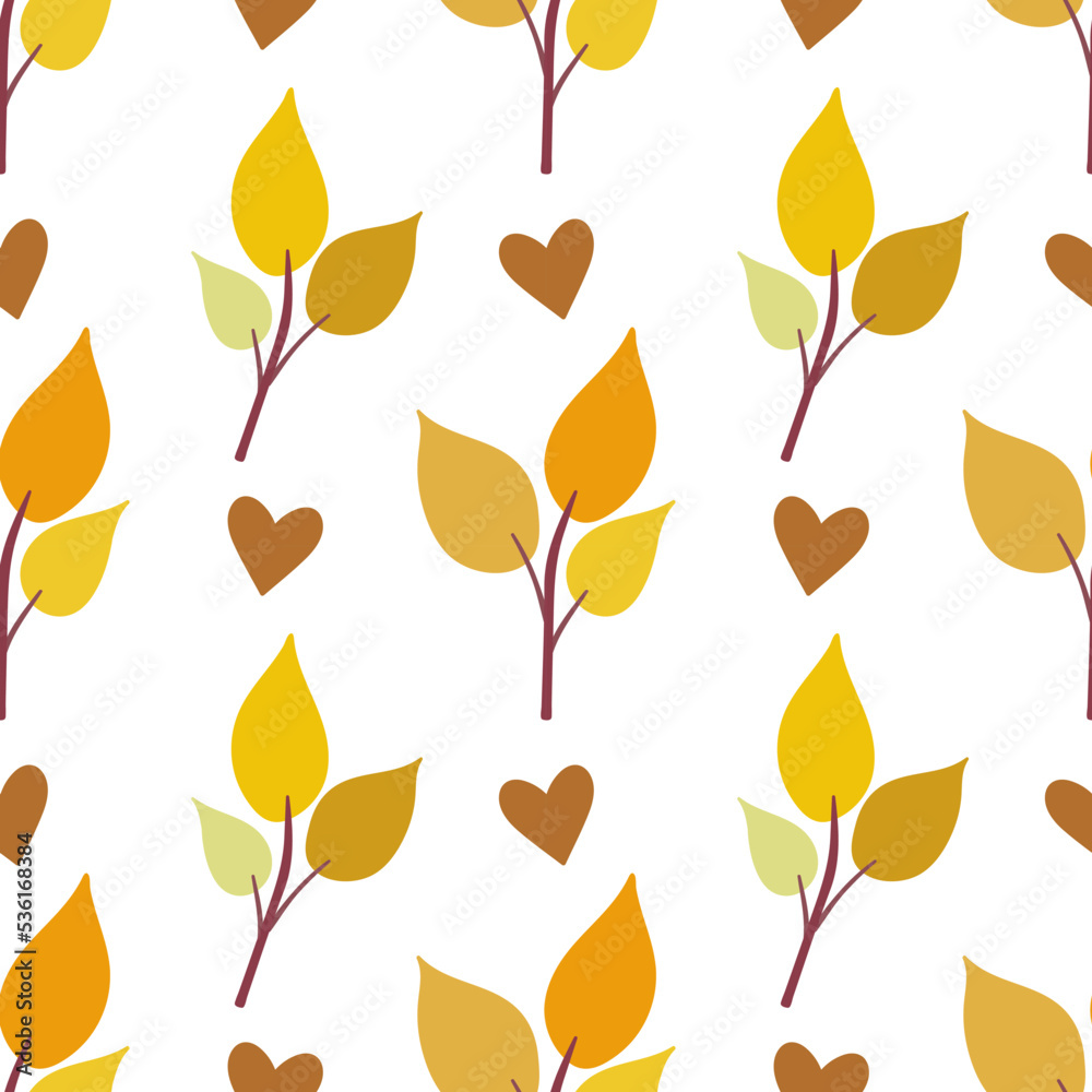 Lovely autumn. Yellow leaves with golden hearts. Floral seamless pattern.