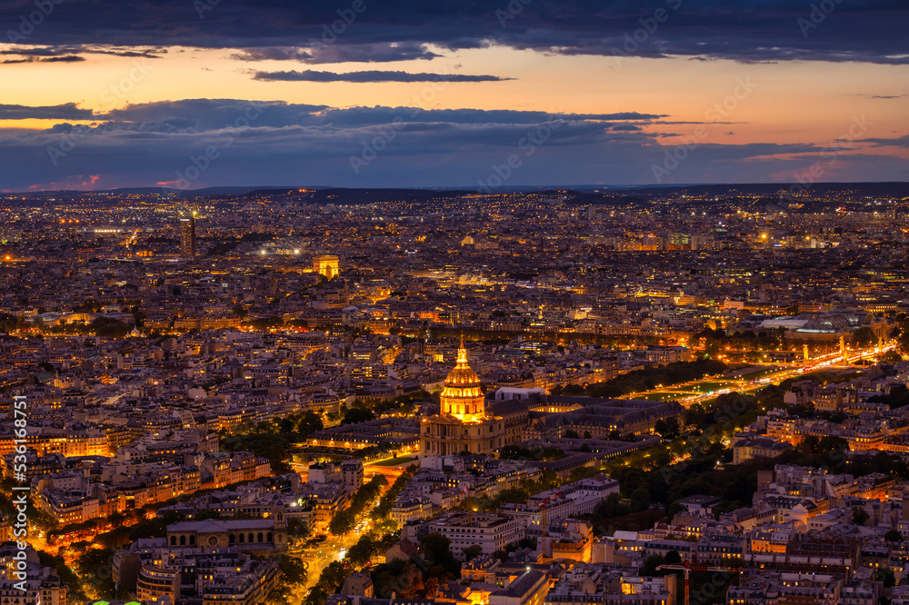 Panorama of Paris city with the Eiffel tower at dusk. France