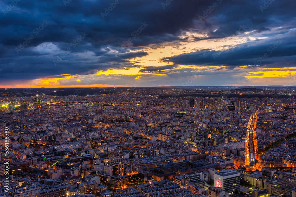 Panorama of Paris city with the Eiffel tower at dusk. France
