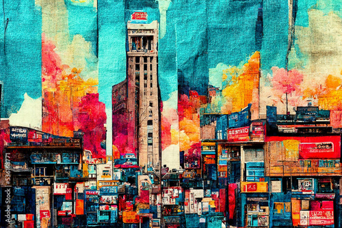 cityscapes and landscapes, painted on dyed burlap: bombay street scene