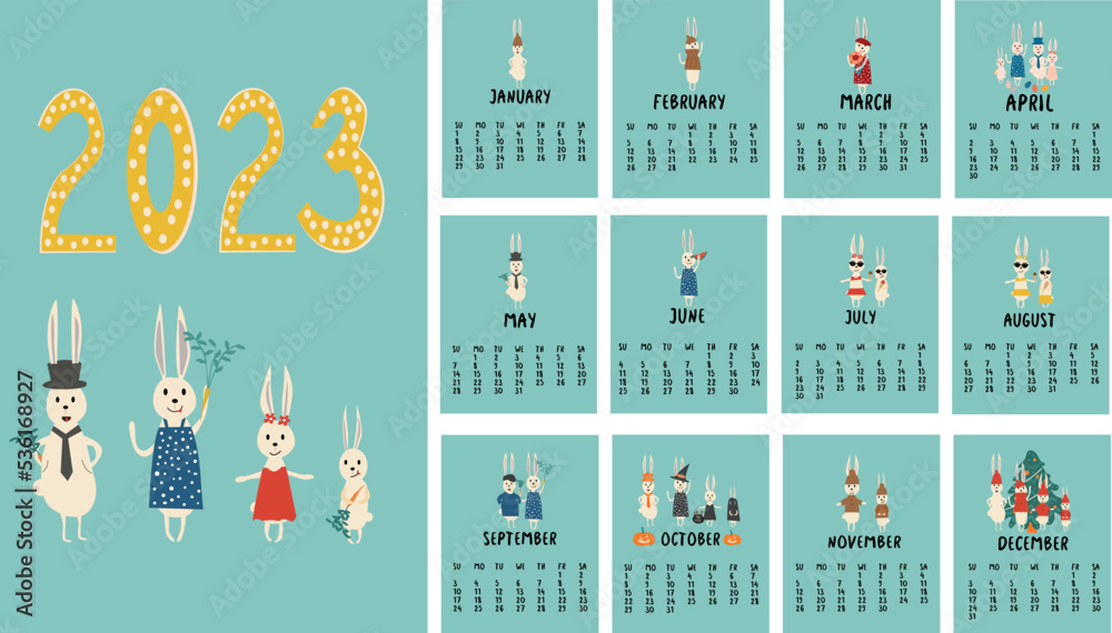 Calendar 2023 template with cute rabbit. Design of calendar with a symbol of the new year. Set of 12 Months calendars. The week starts on Monday