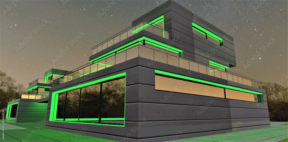 Direct luminous bright green stripes turn the facade of a modern