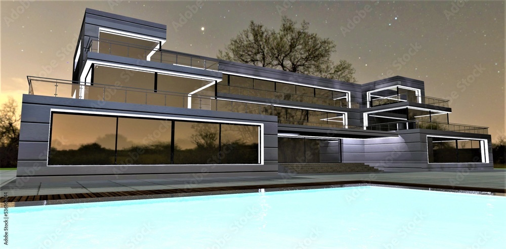 Obraz premium Excessive lighting of the pool of a country estate. It looks like milk was used instead of water. Wonderful starry night overhead. 3d rendering.