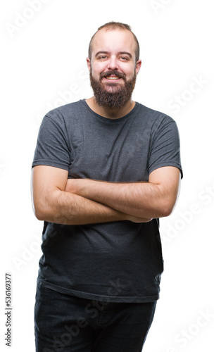 Young caucasian hipster man over isolated background happy face smiling with crossed arms looking at the camera. Positive person.