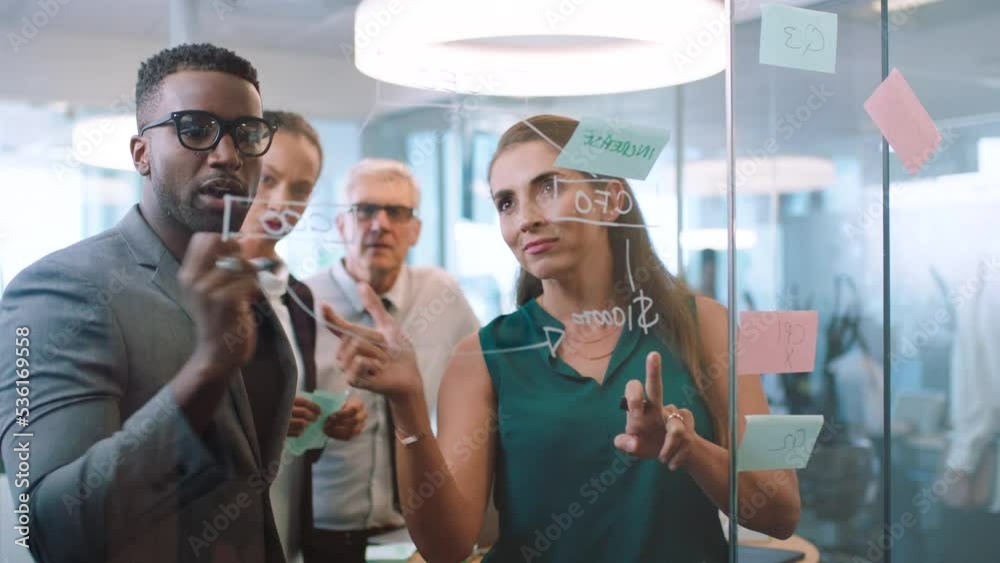 Training, team or sticky note with a manager, leader or CEO and his coaching or working with learning on a glass during a meeting. Teamwork, collaboration or planning with businessman and staff