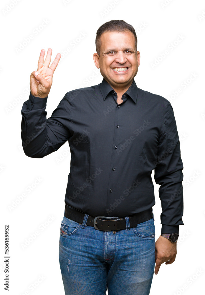 Handsome middle age arab business man over isolated background showing and pointing up with fingers number three while smiling confident and happy.